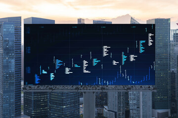 Glowing FOREX graph hologram on billboard, aerial panoramic cityscape of Singapore at sunset. Stock and bond trading in Southeast Asia. The concept of fund management.