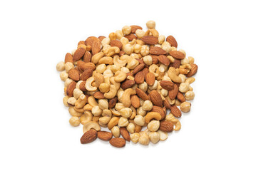 Mix of nuts isolated on white background. Top view.