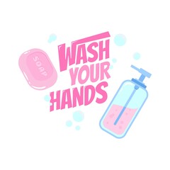 wash your hands for corona virus protection with soap and sanitizer cartoon doodle vector illustration