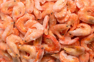 Fresh shrimps in ice. Top view.