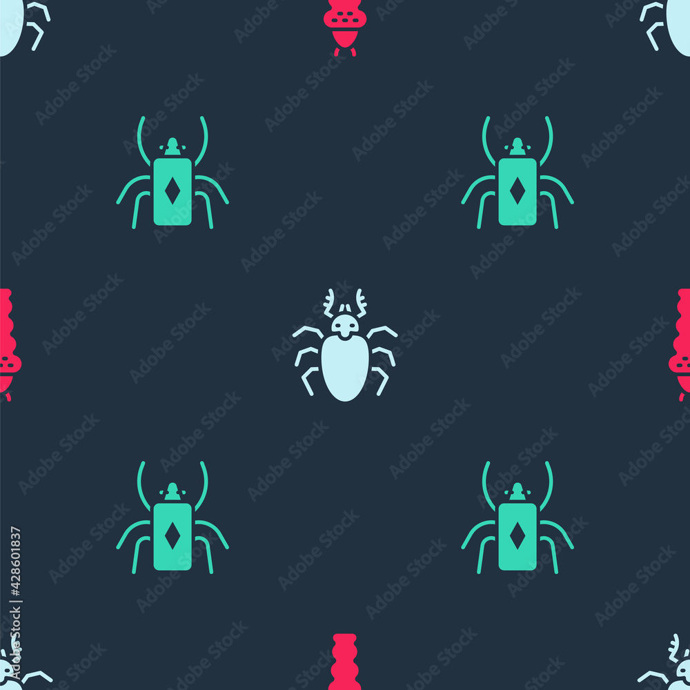 Aufkleber set larva insect, beetle deer and bug on seamless pattern. vector