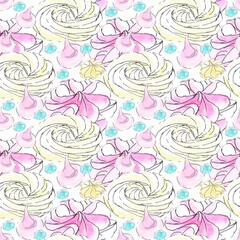 Seamless pattern sweet Dessert meringue on white background. Watercolor hand drawing illustration. Graphic resource