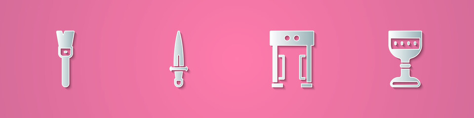 Set paper cut Paint brush, Dagger, Metal detector and Medieval goblet icon. Paper art style. Vector