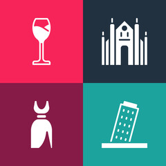 Set pop art Tower in Pisa, Woman dress, Milan Cathedral and Wine glass icon. Vector