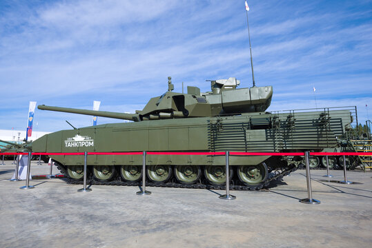 MOSCOW REGION, RUSSIA - AUGUST 27, 2020: Russian latest tank "Armata" T-14. Side view