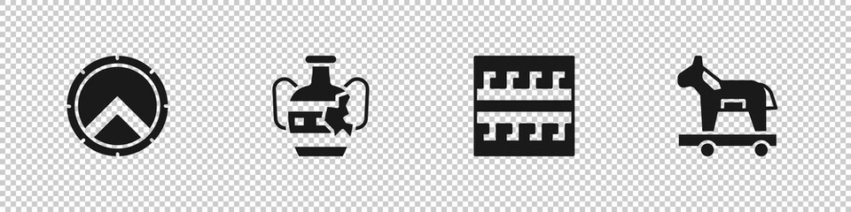 Set Greek shield, Broken amphorae, Ancient pattern and Trojan horse icon. Vector