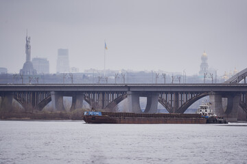 View of the Paton Bridge and the Motherland Monument. Kiev, Ukraine.