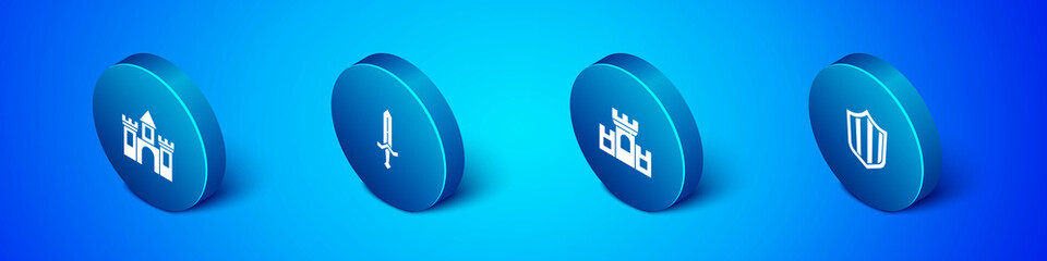 Set Isometric Castle, fortress, , Shield and Medieval sword icon. Vector