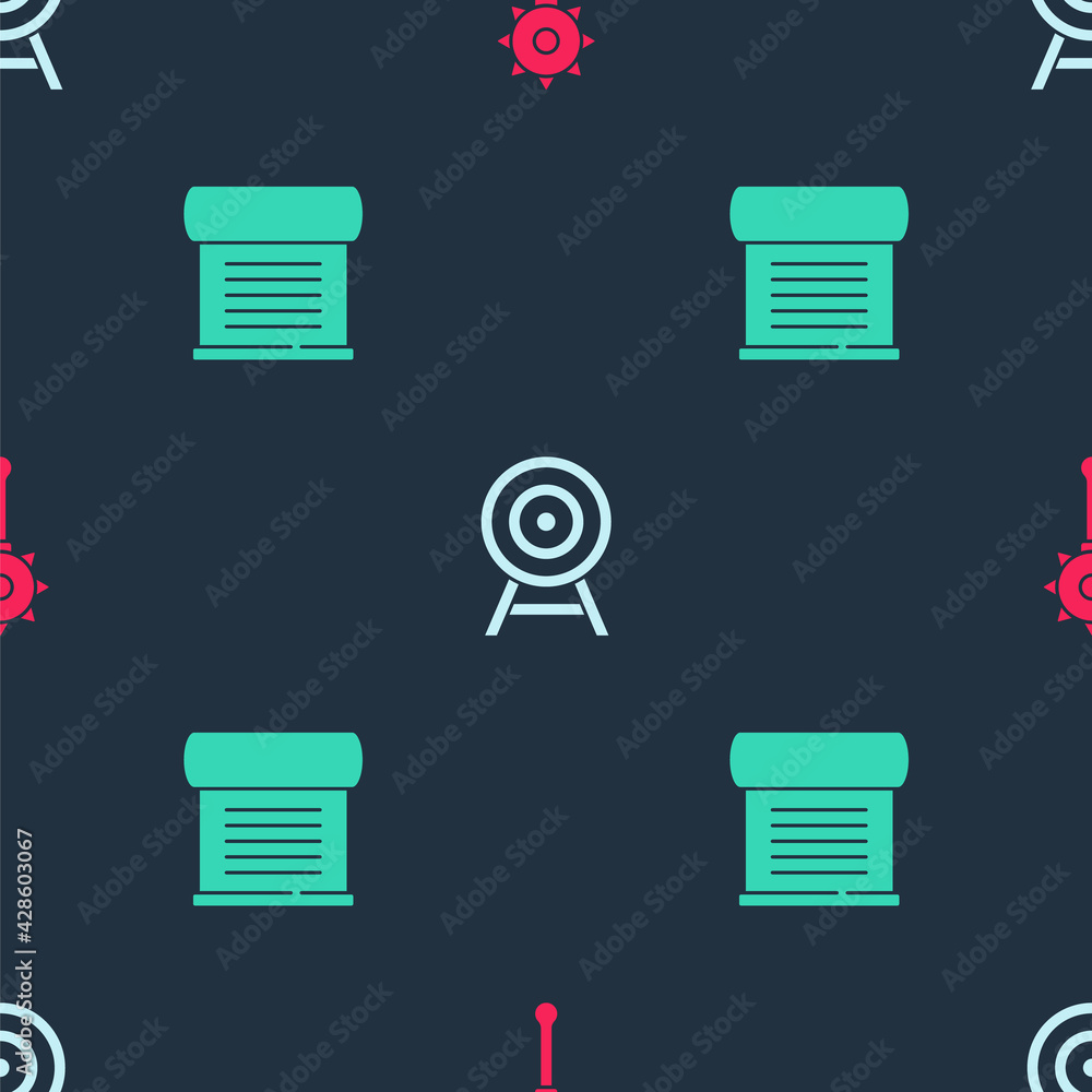 Poster set medieval chained mace ball, target with arrow and decree, parchment, scroll on seamless pattern.