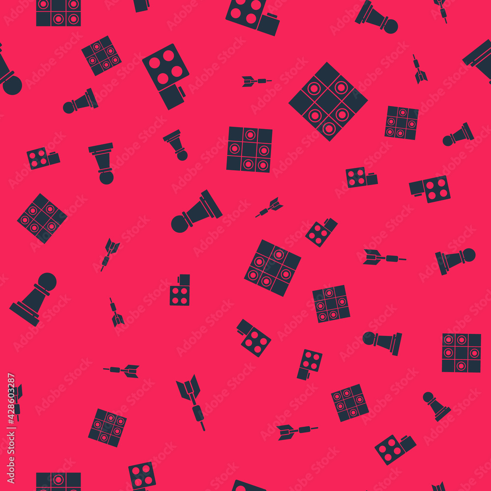 Aufkleber set dart arrow, toy building block bricks, chess and board game of checkers on seamless pattern. vec