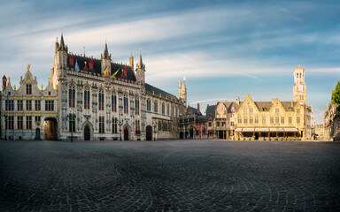 Fototapeta premium Panoramic view of the The Burg square and the Town Hall in Bruges. Brugge, Belgium