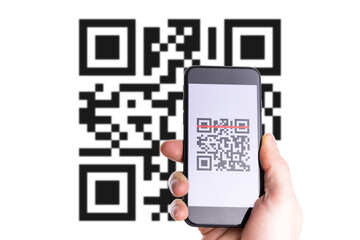 Qr code payment. Hand holding digital mobile smart phone with qr code scanner on smartphone screen for payment pay, scan barcode technology. Online shopping, cashless society technology concept.