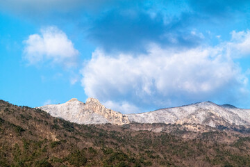 Snowfall at the top of Geumjeongsan Mountain, a famous landmark in Busan, South Korea