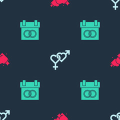 Set Two Linked Hearts, Gender and Calendar on seamless pattern. Vector
