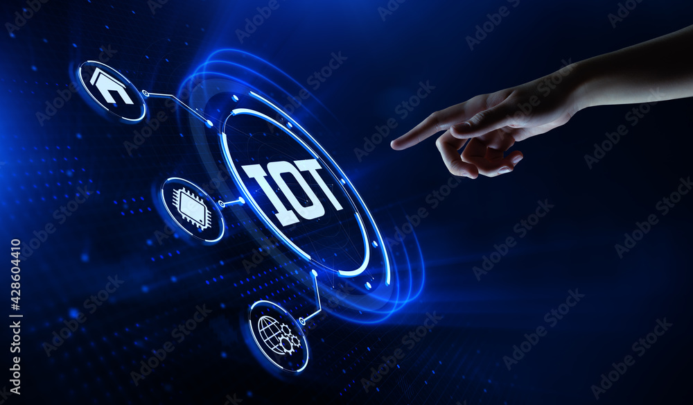 Poster iot internet of things wireless technology concept. hand pressing button on screen