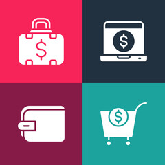 Set pop art Shopping cart and dollar, Wallet, Laptop with and Briefcase money icon. Vector