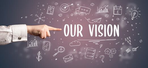 Close-Up of cropped hand pointing at business inscription