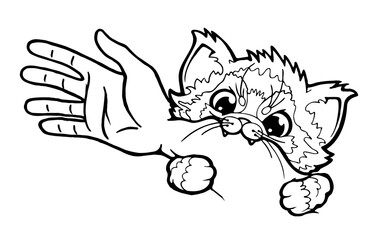 Cute Cat Biting the Hand. vector illustration. T-shirt apparel print design. Black and white hand drawn image for coloring, for greeting cards.