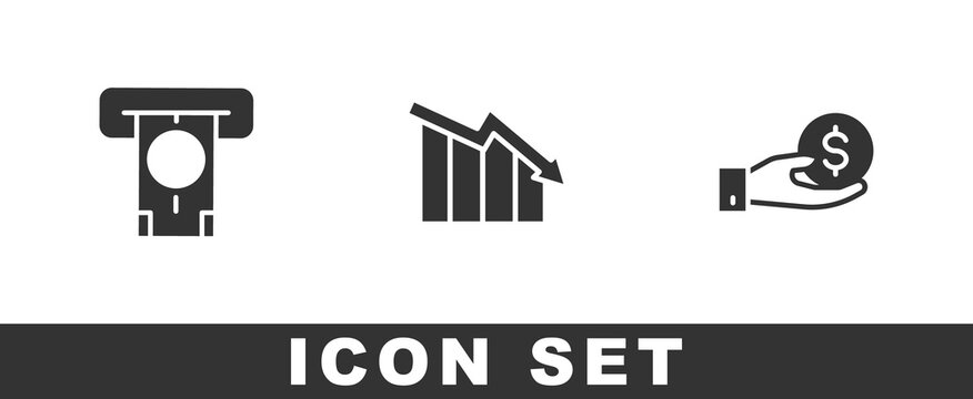 Set ATM and money, Financial growth decrease and Hand giving icon. Vector