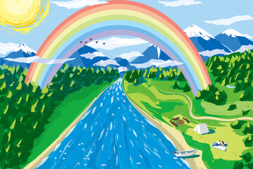 Vector landscape in the style of picturesque brush strokes with a rainbow and a couple on the riverside. EPS 10. Fragments of the landscape are separated by layers - river separately, forest separatel - 428604880