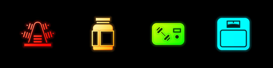 Obraz premium Set Metal rack with weights, Sports nutrition, Fitness club, gym card and Bathroom scales icon. Vector