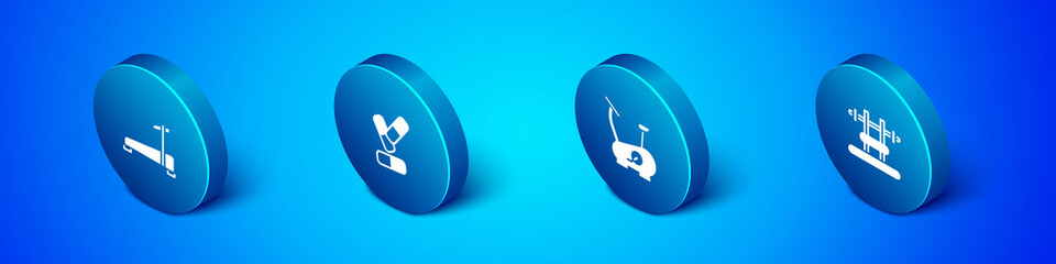 Set Isometric Treadmill machine, Stationary bicycle, Bench with barbel and Vitamin pill icon. Vector