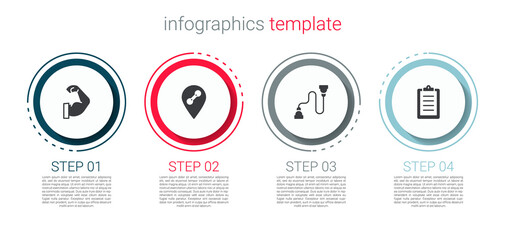 Set Bodybuilder muscle, Location gym, Chest expander and Sport training program. Business infographic template. Vector