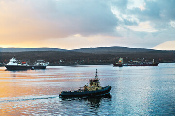 Ships in the Kola Bay near Murmansk.
The port city of Murmansk is located on the shores of the Kola Bay, on the Kola Peninsula (beyond the Arctic Circle)