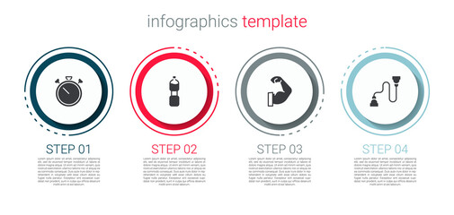 Set Stopwatch, Bottle of water, Bodybuilder muscle and Chest expander. Business infographic template. Vector