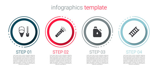Set Fire shovel and bucket, Flashlight, Canister fuel and escape. Business infographic template. Vector