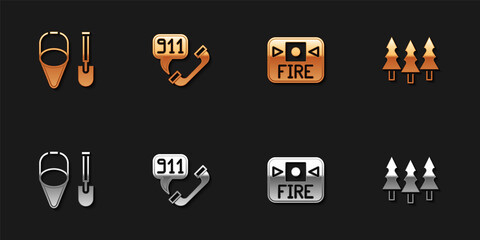 Set Fire shovel and bucket, Telephone call 911, alarm system and Forest icon. Vector