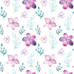 Watercolor seamless pattern with flowers and leaves