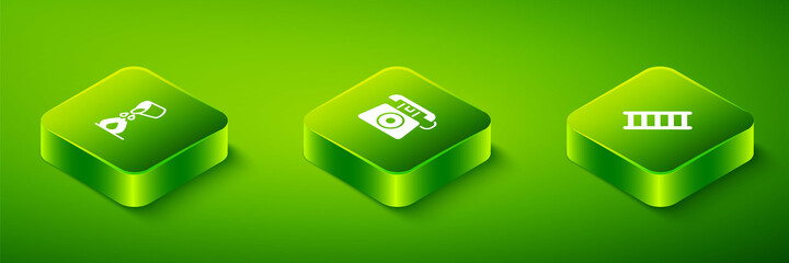 Set Isometric Telephone call 911, Fire escape and Bucket extinguishing fire icon. Vector