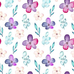 Watercolor seamless pattern with flowers and leaves