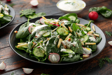 Fresh cucumber radish apple salad with spinach, dill and yogurt dressing. Healthy food