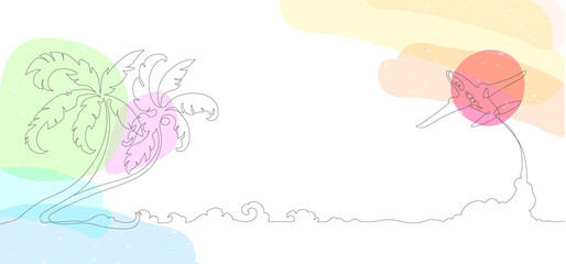 Line art of palm leaves, airplane, abstract tropical decor, palm branch, minimalist flower design. Vector palm artwork, botanical floral print,  tourism, travel.