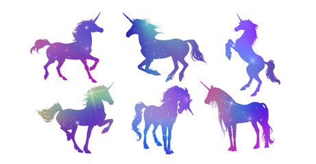 Magic Cute unicorns silhouettes. Stylish icons, vintage, background, horses tattoo. Hand drawn vector illustration, outline, isolated different unicorn body collection - obrazy, fototapety, plakaty