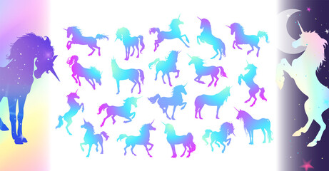 Magic Cute unicorns silhouettes. Stylish icons, vintage, background, horses tattoo. Hand drawn vector illustration, outline, isolated different unicorn body collection