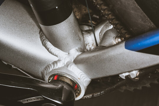 Auchterarder, Scotland - 06 April 2021: Bicycle weld joints.