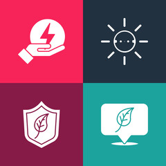 Set pop art Location with leaf, Shield, Solar energy panel and Lightning bolt icon. Vector