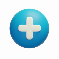 3d Illustration of cartoon blue circle with plus on the white background. Cute icon of first aid. Health care. Medical symbol of emergency help. 