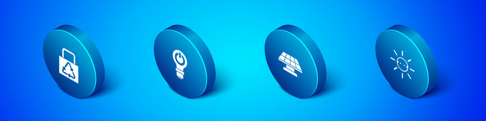 Set Isometric Paper bag with recycle, Solar energy panel, and Light bulb lightning icon. Vector