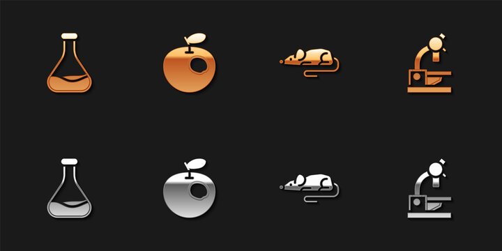 Set Test Tube And Flask, Genetically Modified Apple, Experimental Mouse And Microscope Icon. Vector