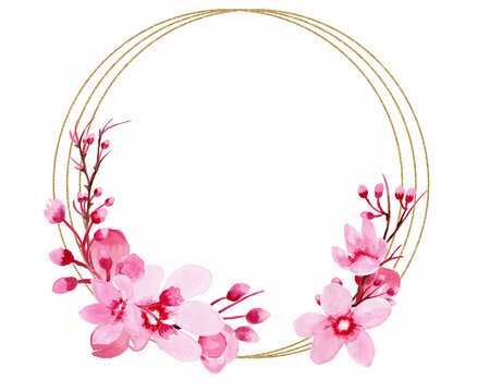 Watercolor clipart Gold frame Sakura, Cherry Branches, Blossom, Branches .Sakura Wreaths, Watercolor floral clipart.