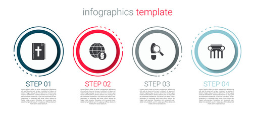 Set Holy bible book, International law, Footsteps and Law pillar. Business infographic template. Vector