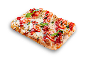 Pizza Margarita with tomato, mozzarella, pesto sauce, basil. Roman pizza rectangular on white background