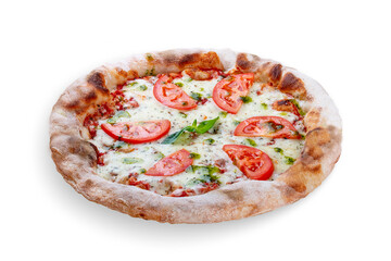 Pizza Margarita with tomato, mozzarella, pesto sauce, basil. Neapolitan round pizza on white background