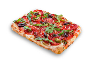 Pizza Diavolo with chorizo, rucola, jalapeno, chili, kalamata, pesto. Roman pizza rectangular on white background