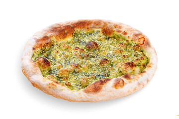 Italian focaccia bread with pesto, sesame seeds and parmesan. Neapolitan round pizza on white background