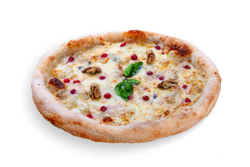 Pizza Four Cheese with smoked suluguni, gorgonzola, mozzarella, mountain ash, walnuts, honey, basil. Neapolitan round pizza on white background